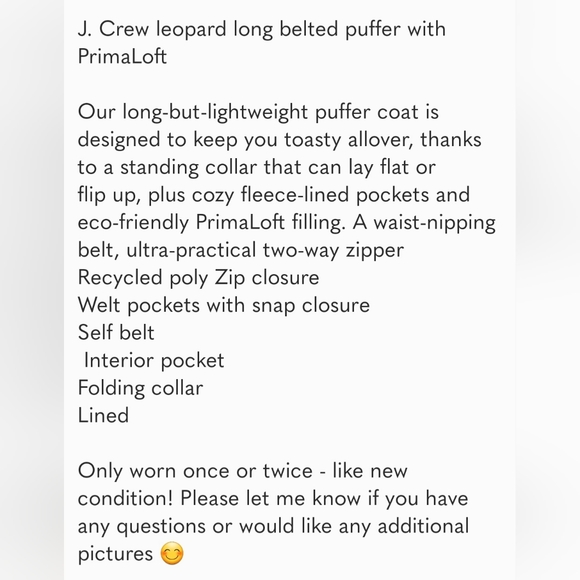 JCrew Leopard Long Belted Puffer - Picture 7 of 7